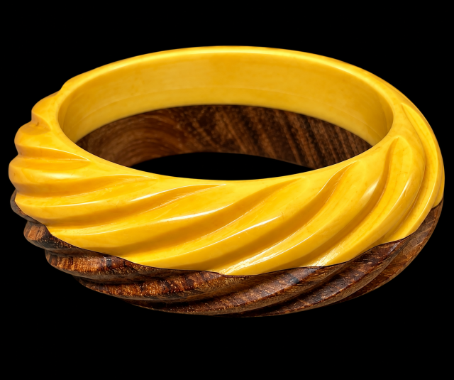 half wood and corn bakelite sprial carved bangle